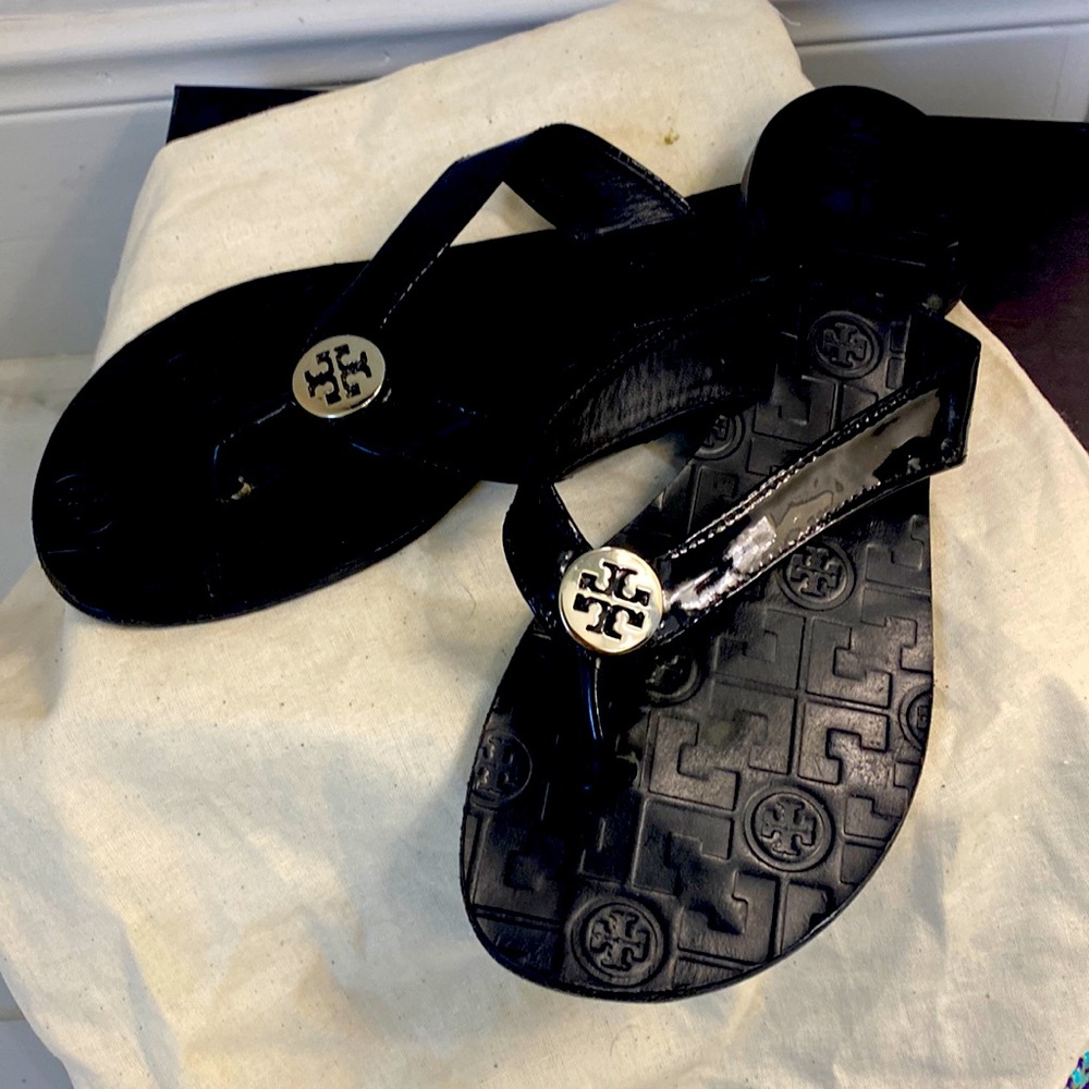 TORY BURCH Women's Flip Flops Monroe Black Leather US 9 M Thongs sandals